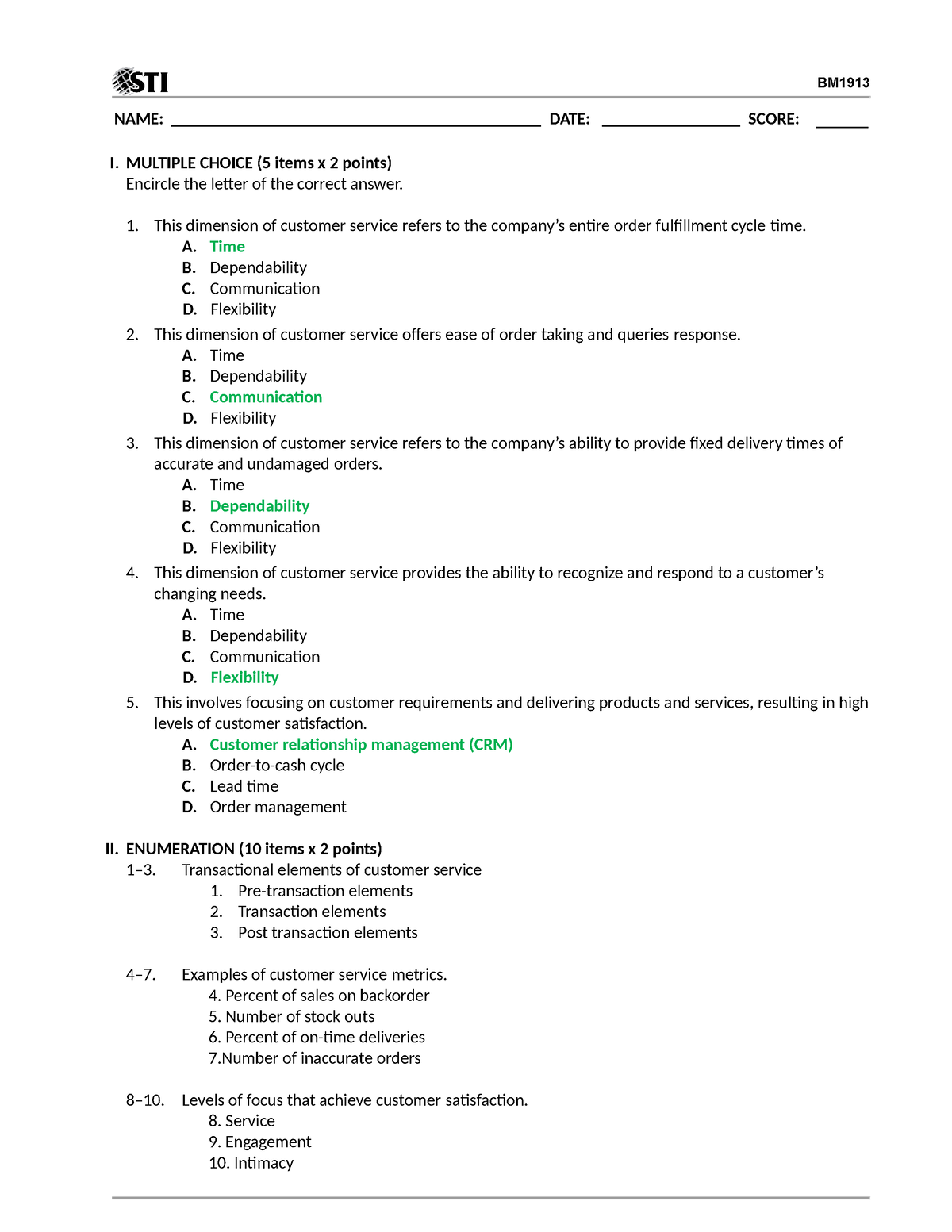 10 Quiz 1 - Logistics Management. - I. MULTIPLE CHOICE (5 Items X 2 ...