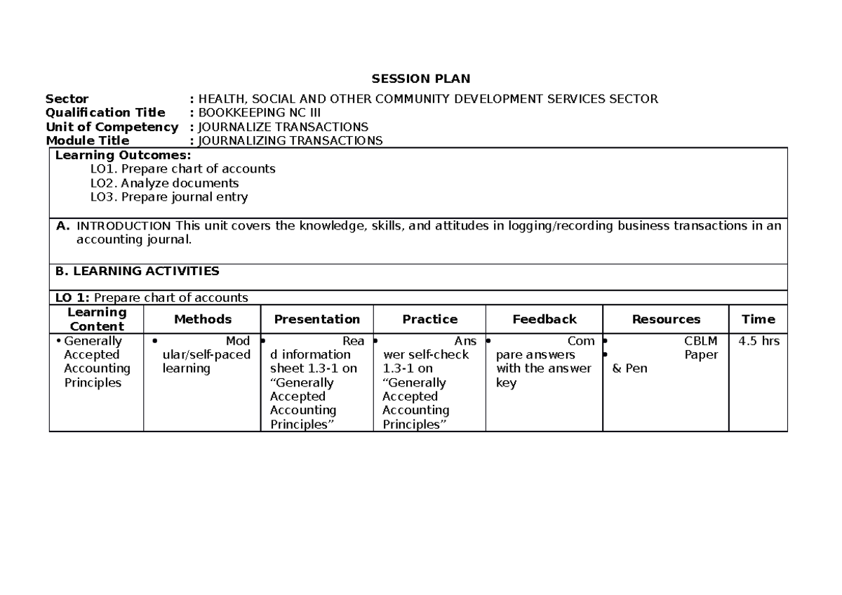 Session PLAN Bookkeeping - SESSION PLAN Sector : HEALTH, SOCIAL AND ...