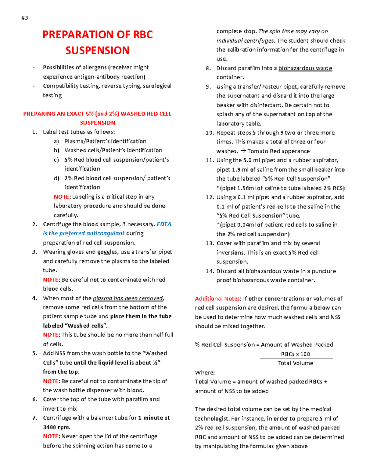 LAB3 Preparation of RBC Suspension Immunohematology OLFU Studocu