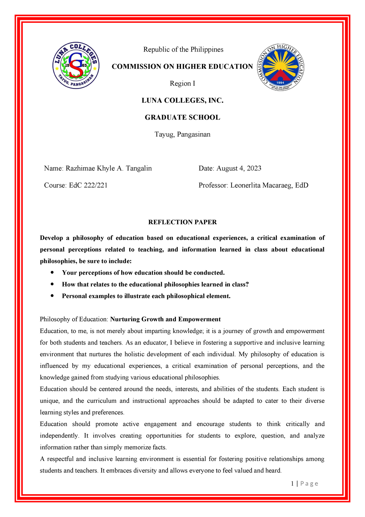 Reflection Paper Tangalin - 1 | P a g e Republic of the Philippines ...