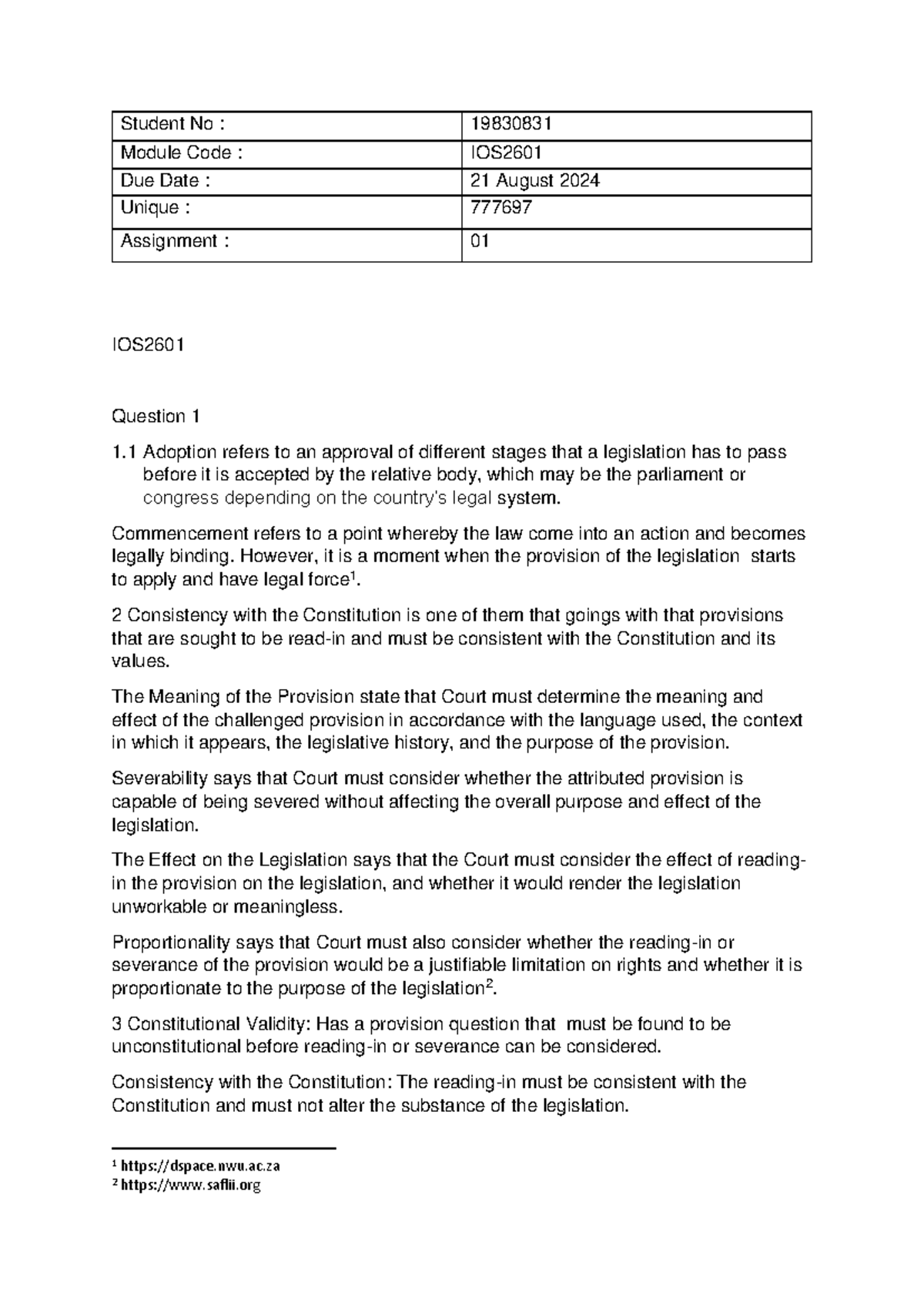 IOS2601 Assignment 01 - Student No : 19830831 Module Code : IOS Due ...