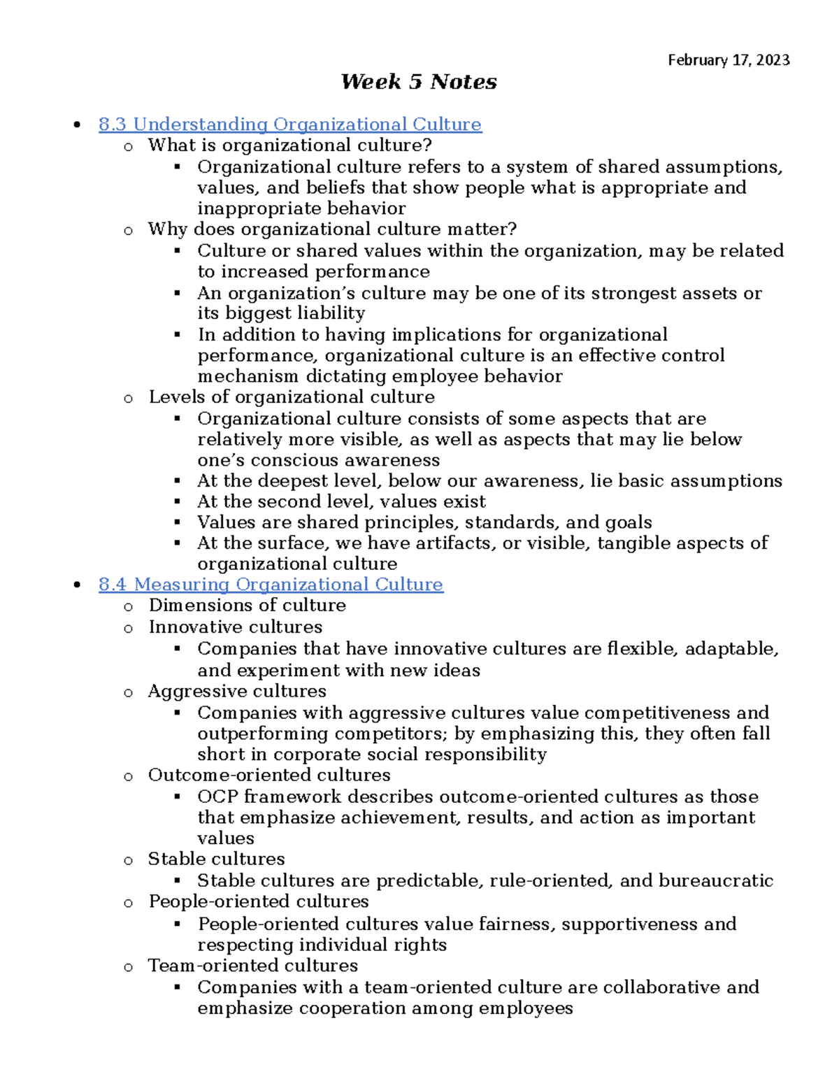 Week 5 Reading Notes - Week 5 Notes 8 Understanding Organizational ...
