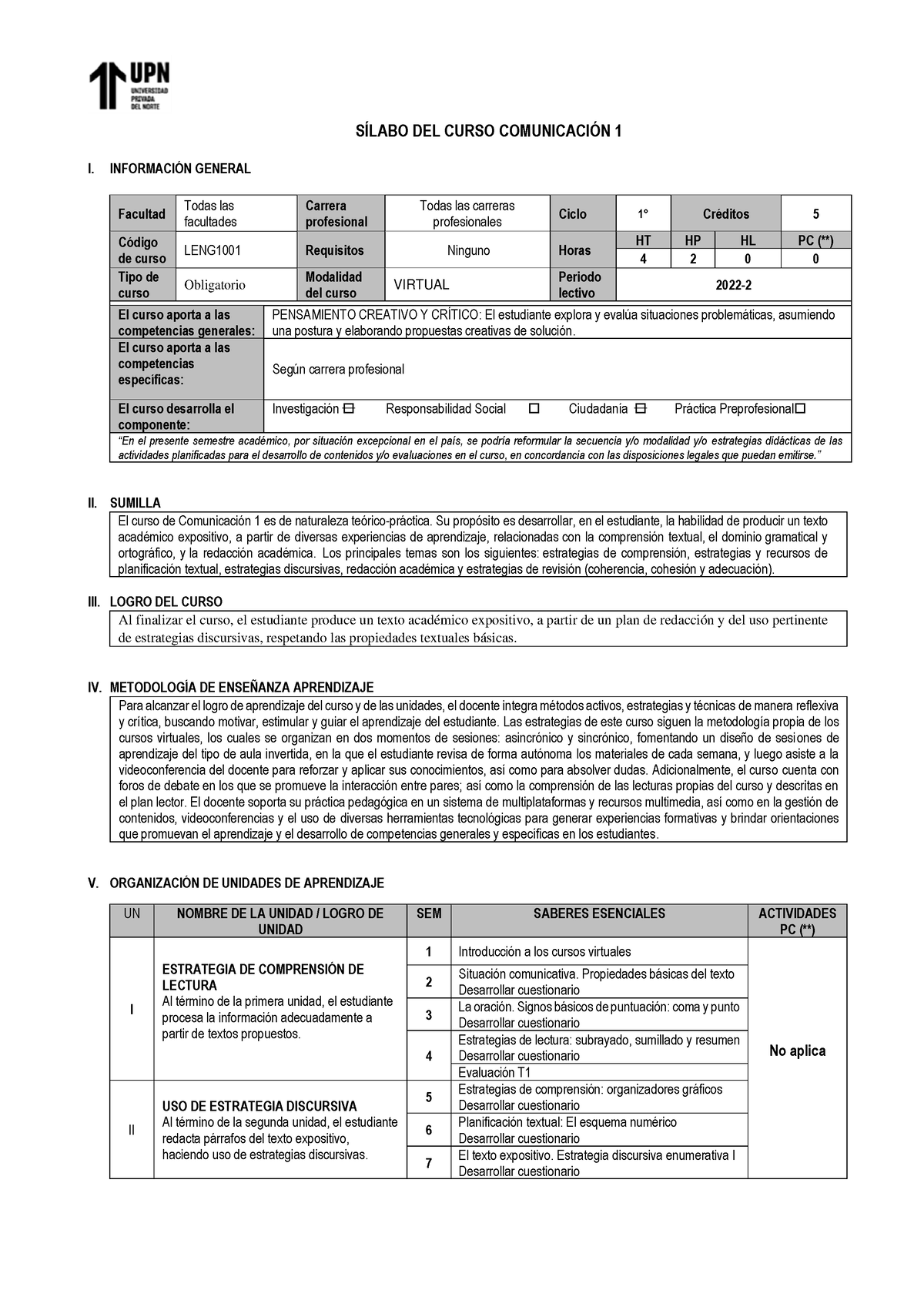 Silabo De Comunicación I UPN - SÍLABO DEL CURSO COMUNICACIÓN 1 I ...