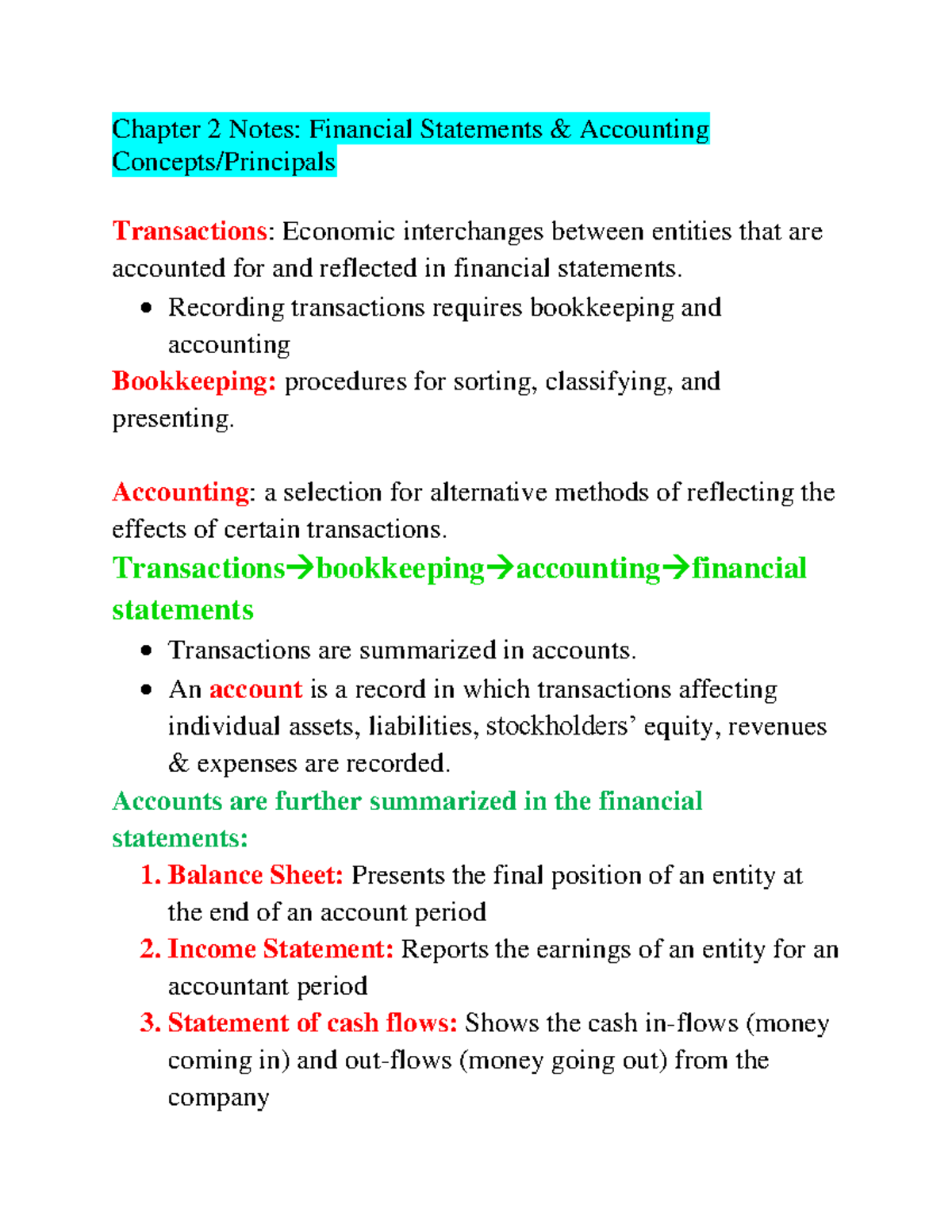 Ch. 2 Notes ACC3000 - Chapter 2 Notes: Financial Statements ...