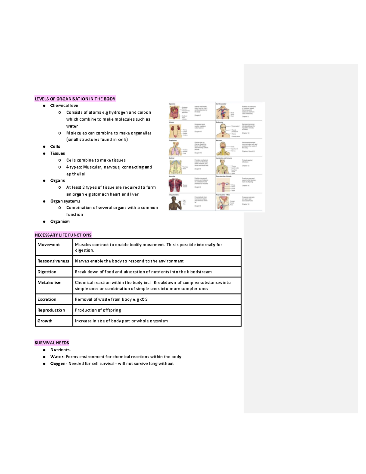 Bio Science 1 Notes - LEVELS OF ORGANISATION IN THE BODY Chemical level ...