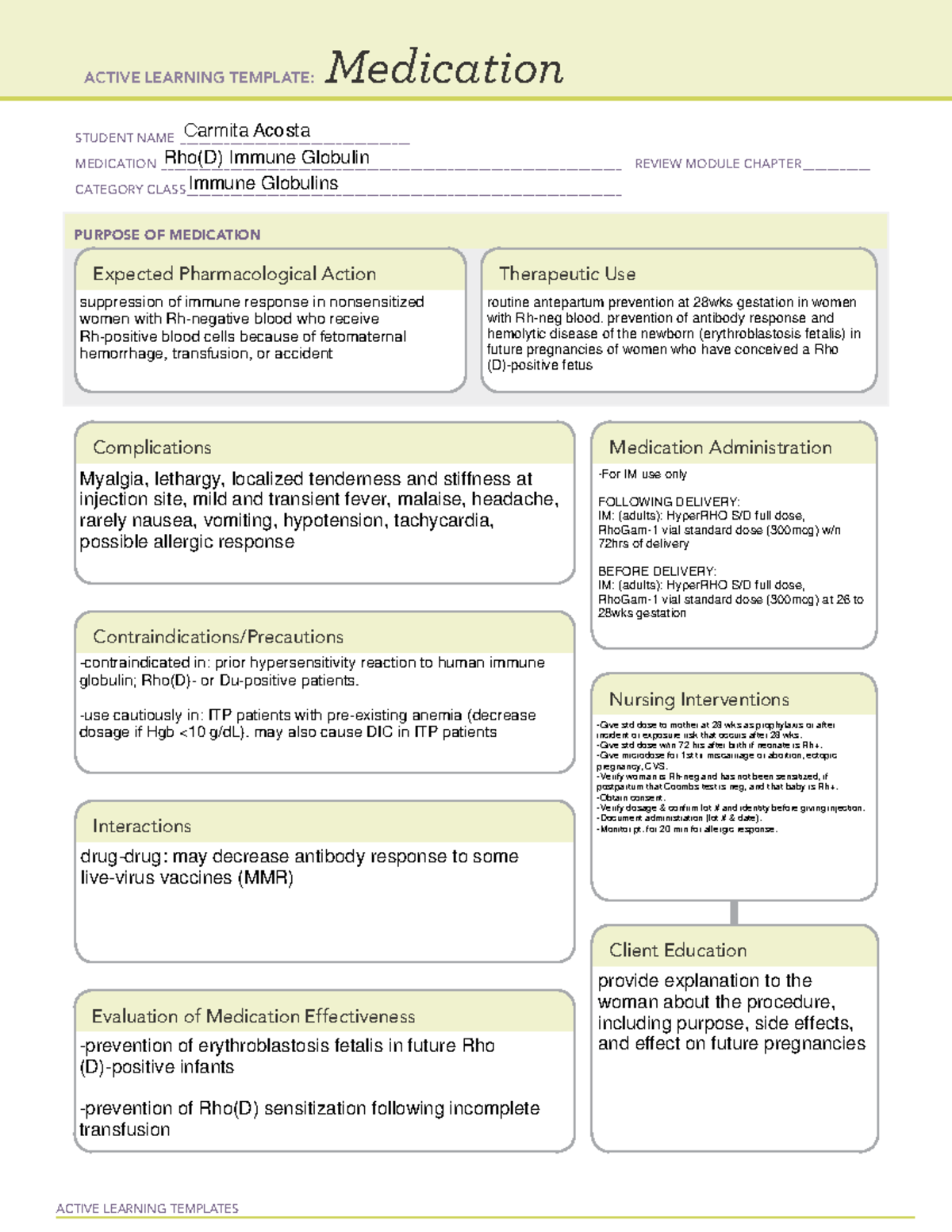 Rho D medication - n/a - ACTIVE LEARNING TEMPLATES Medication STUDENT ...