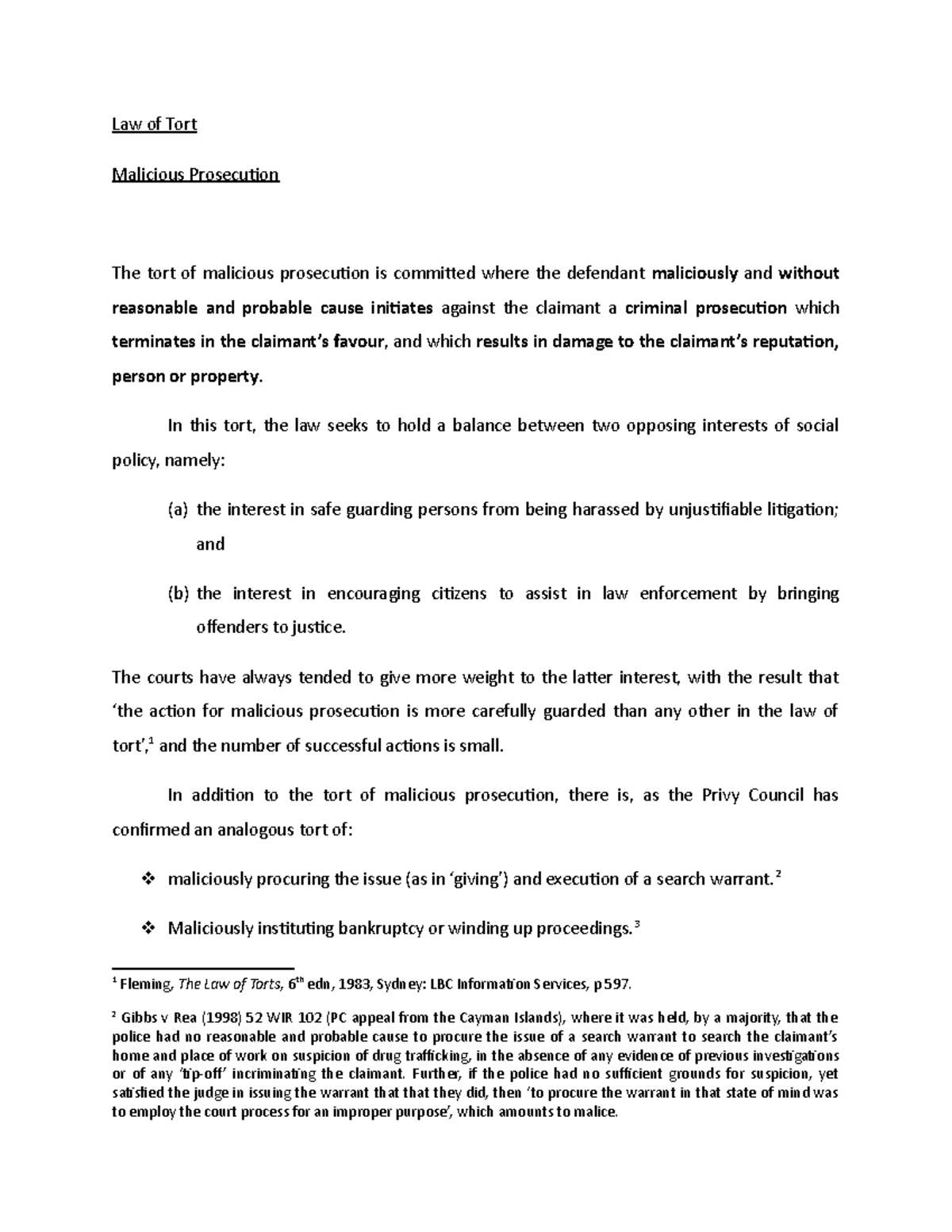 Lect. 5.3 Malicious Prosecution - Law of Tort Malicious Prosecution The ...