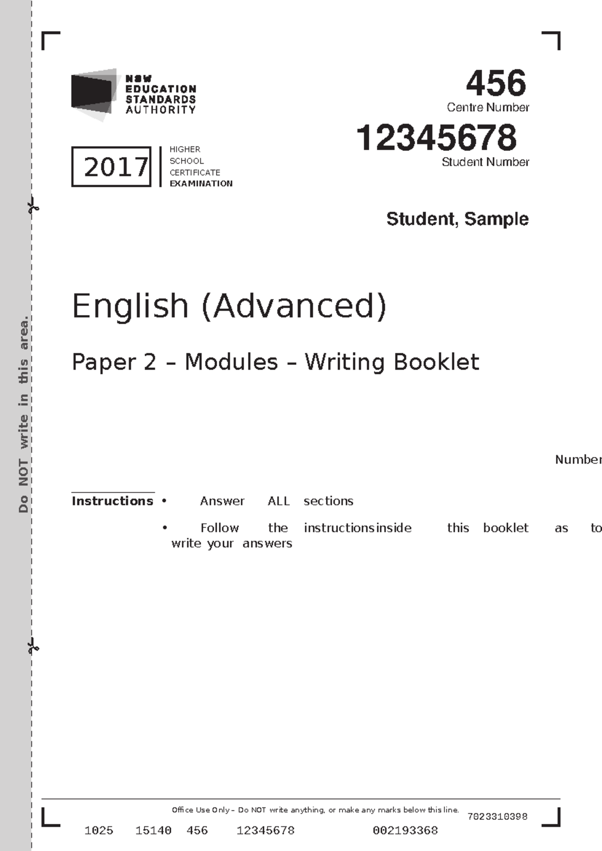 Paper 2 writing booklet - Centre Number Student Number ####### Office ...
