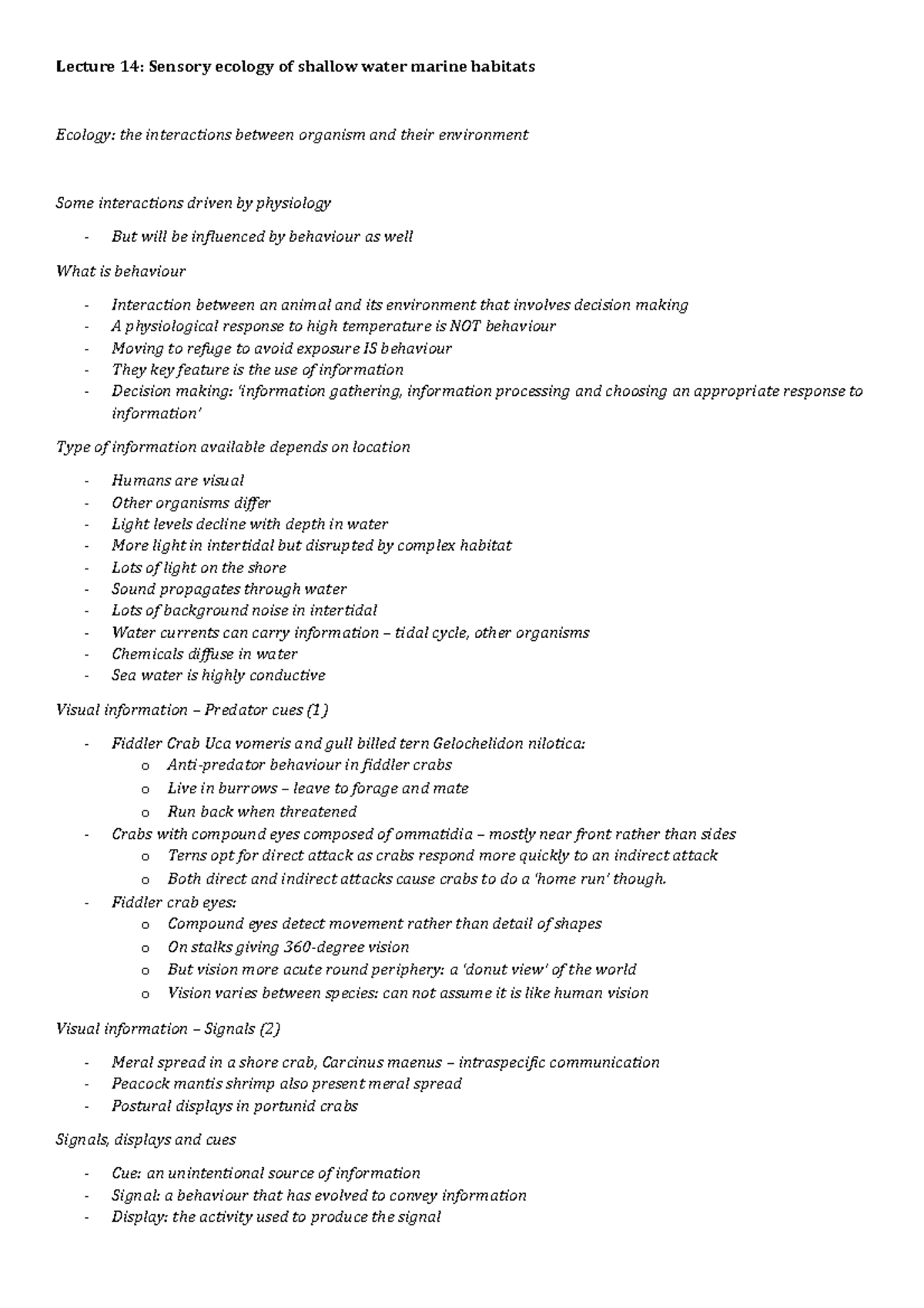 Lecture 14 Sensory ecology of shallow water marine habitats Fiddler