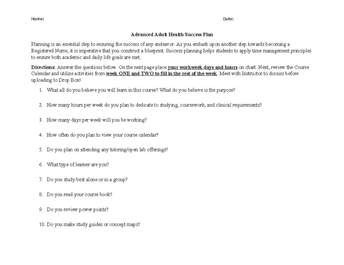 Success Plan AAH - Name: Date: Advanced Adult Health Success Plan ...