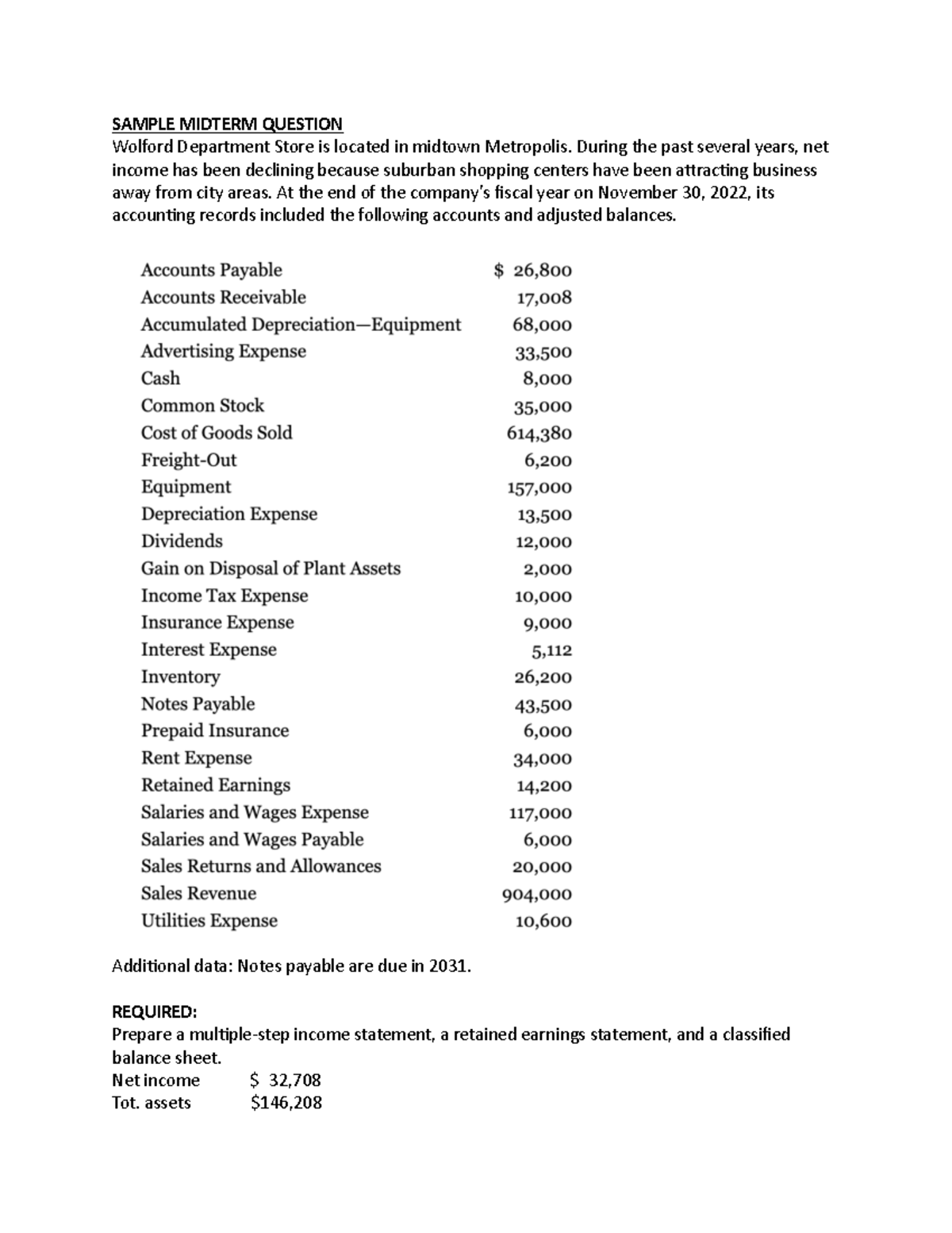 Sample Midterm QuestionMultiStep IS SAMPLE MIDTERM QUESTION Wolford Department Store is