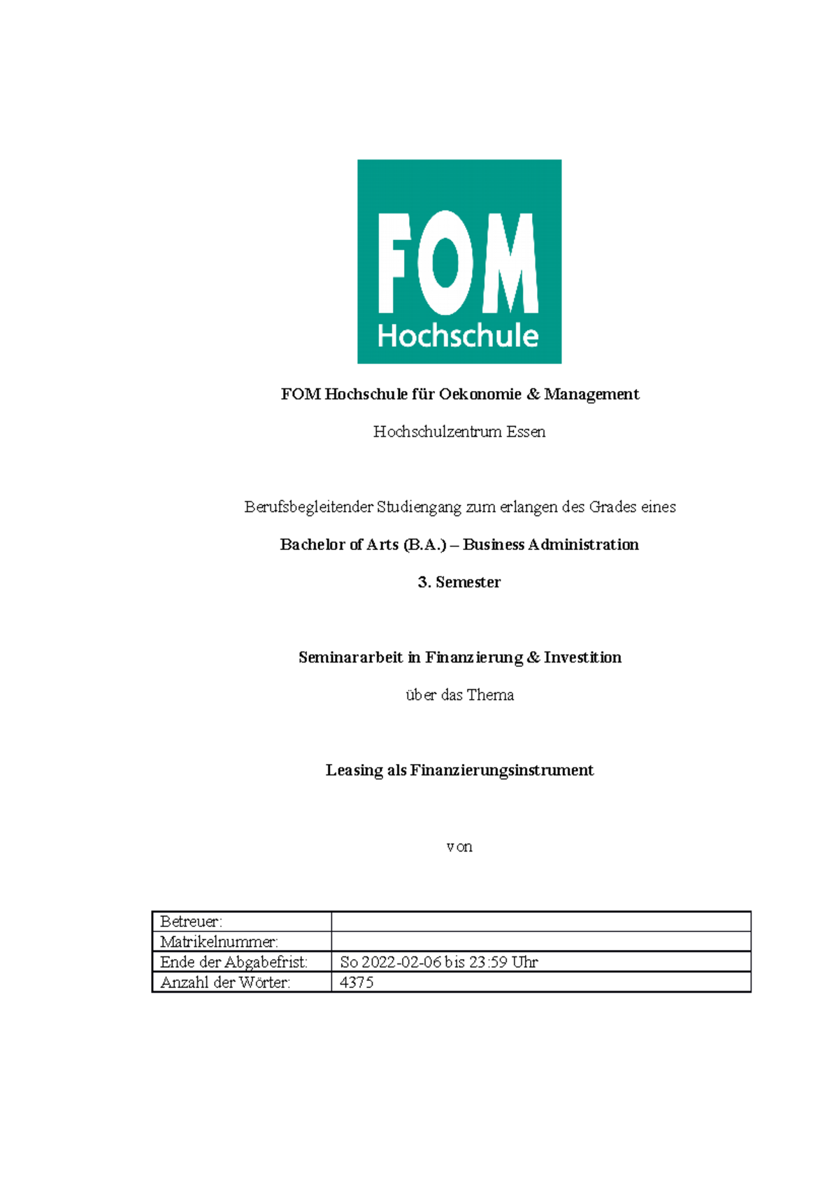 Fom Hochschule Hochschulzentrum Essen Seminararbeit Leasing - FOM Hochschule für Oekonomie & Management