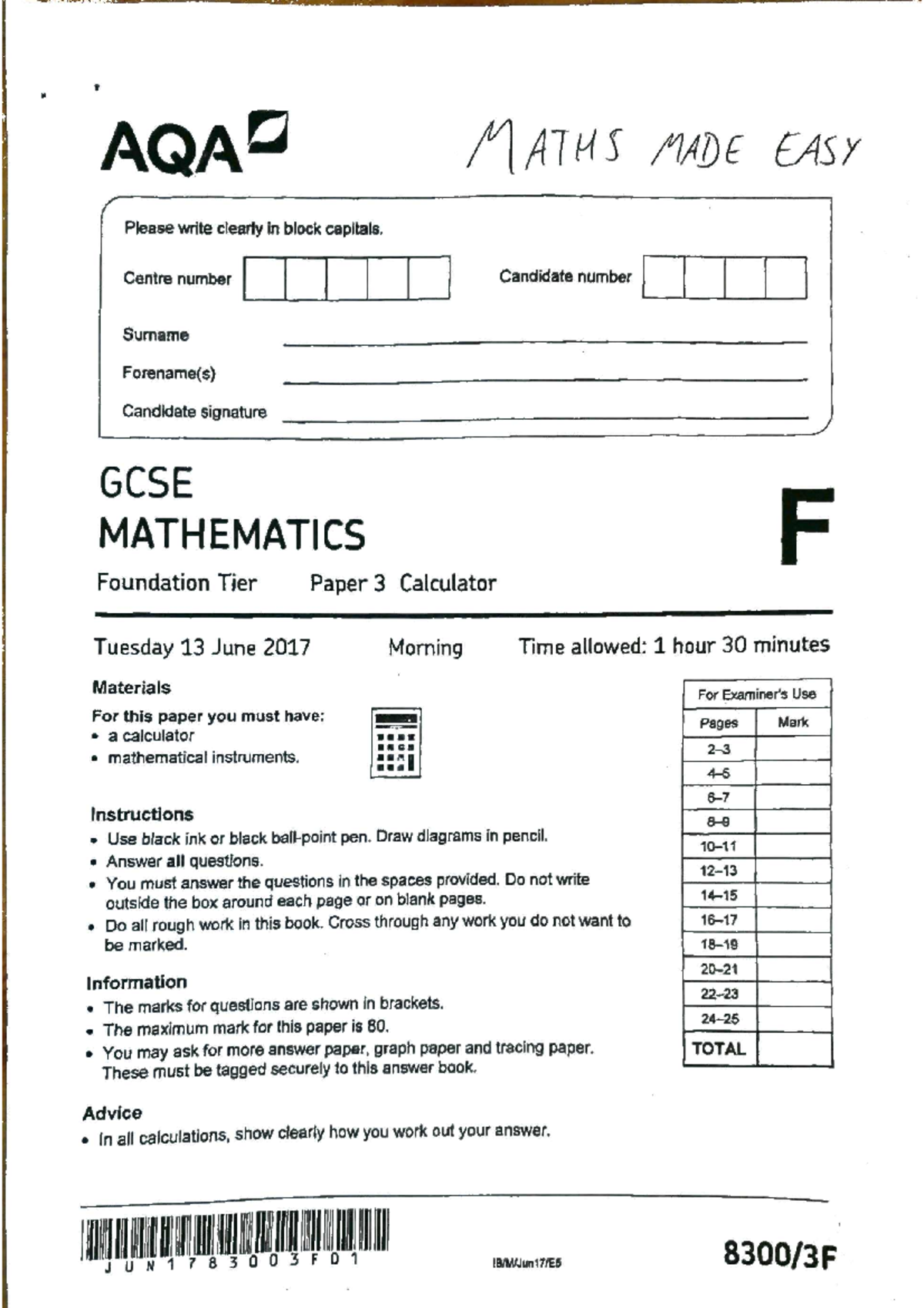 MME AQA Paper 3F 2017 - Math Lecture Notes And Practice Material And ...