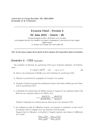 Examen 2016, questions - Théorie de la Croissance - Studocu