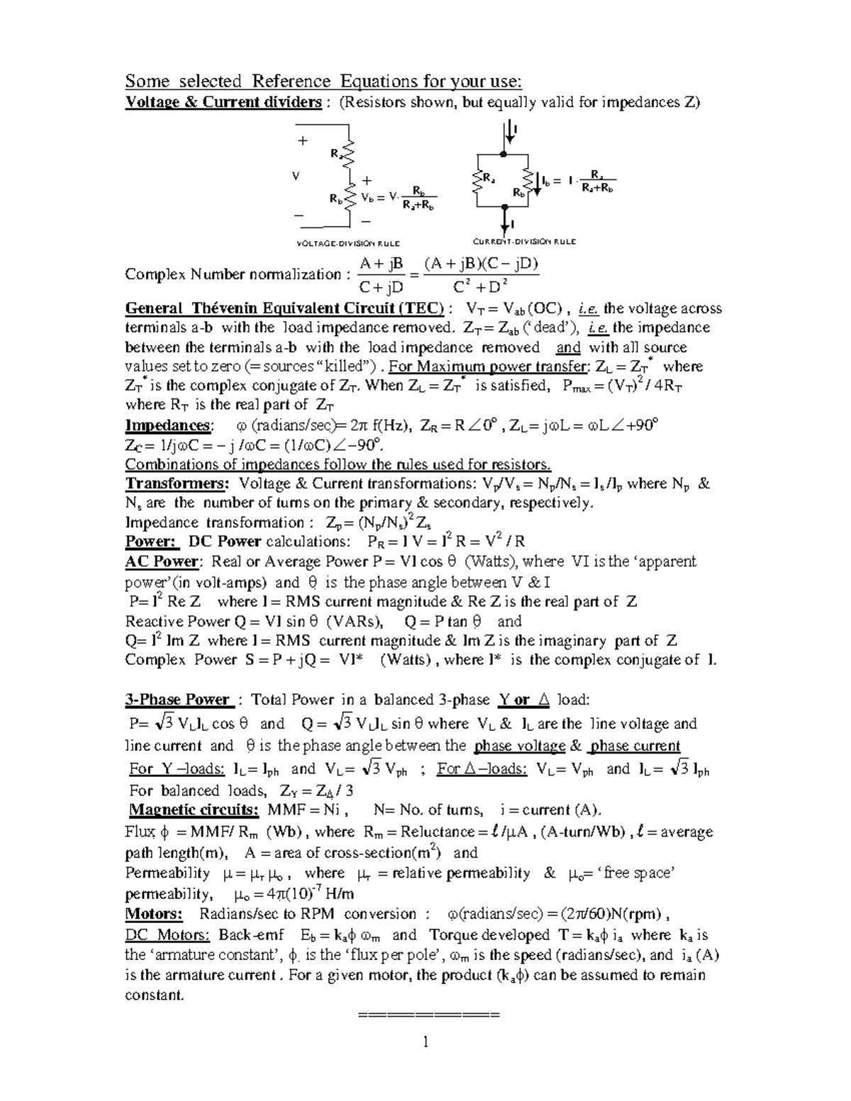 Formula sheet elec 275 - 1 Some selected Reference Equations for your ...