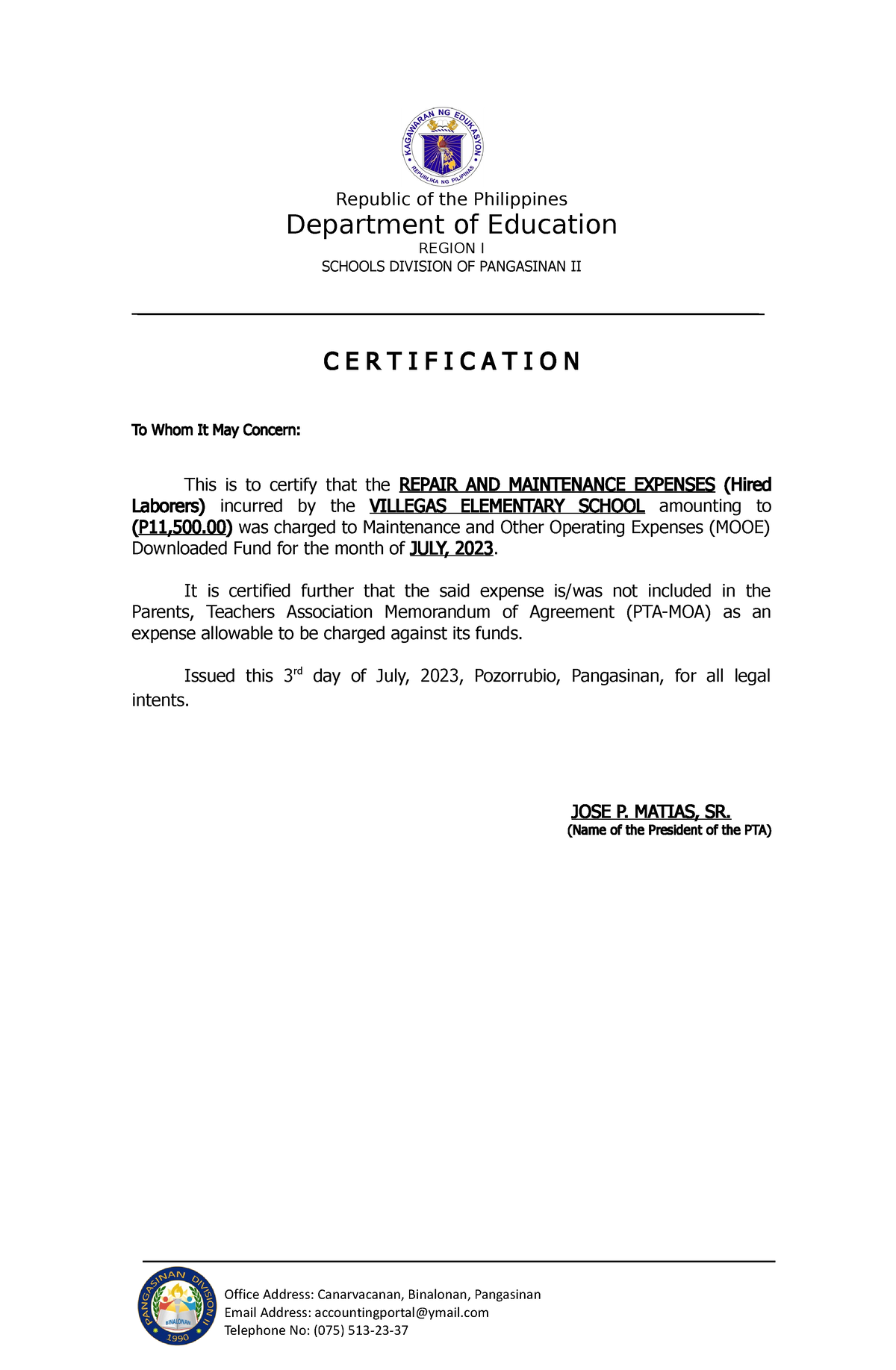 9 Certification Format PTA Certification Republic of the Philippines