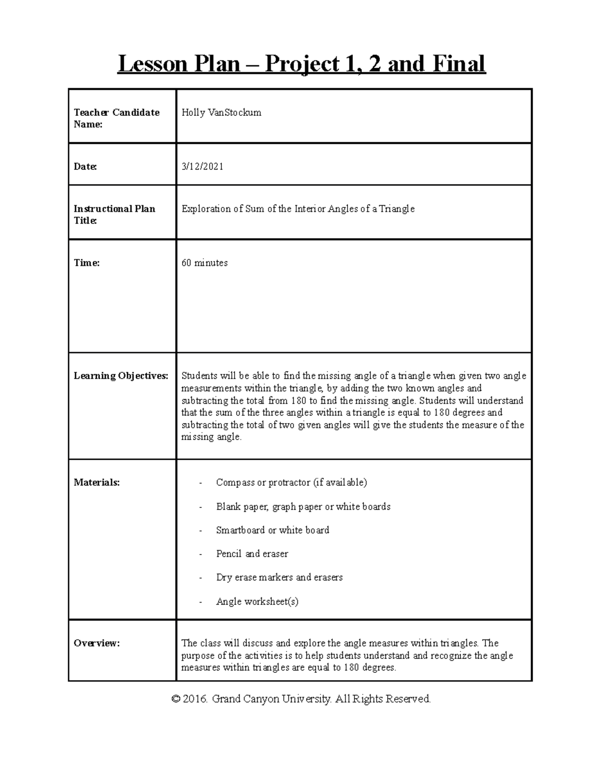GCU - MAT Lesson Template topic 5 - Lesson Plan – Project 1, 2 and ...