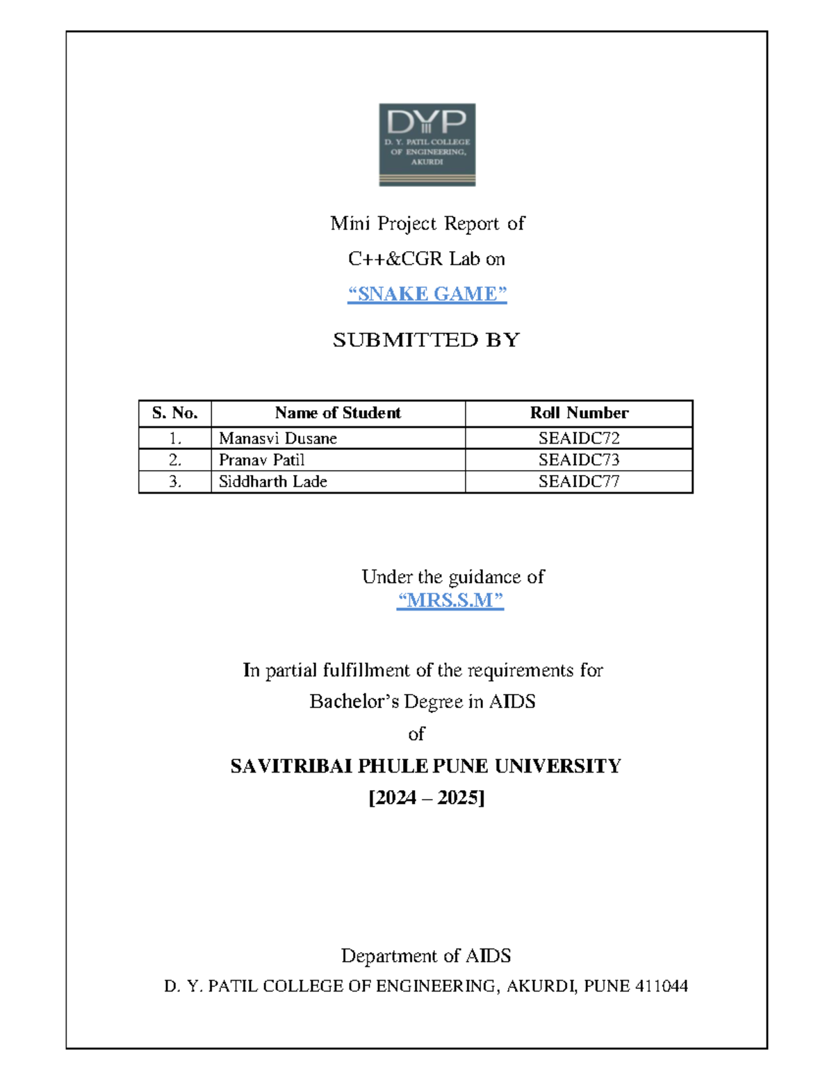 Miniproject cp - fuyfyugfuy - Mini Project Report of C++&CGR Lab on ...