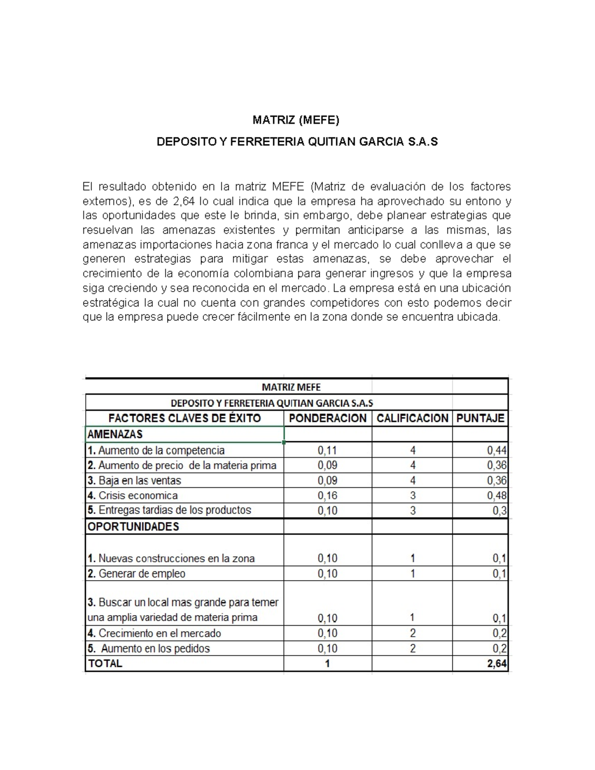 Matriz MEFE Informe - MATRIZ (MEFE) DEPOSITO Y FERRETERIA QUITIAN ...