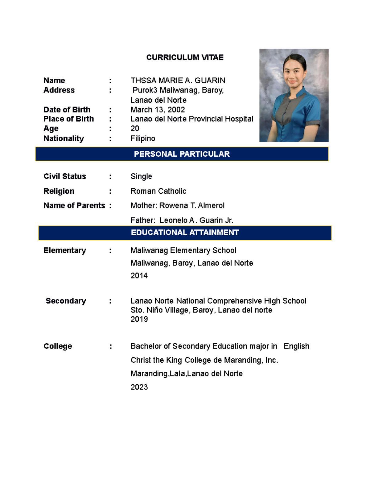 curriculum vitea - CURRICULUM VITAE Name : THSSA MARIE A. GUARIN ...