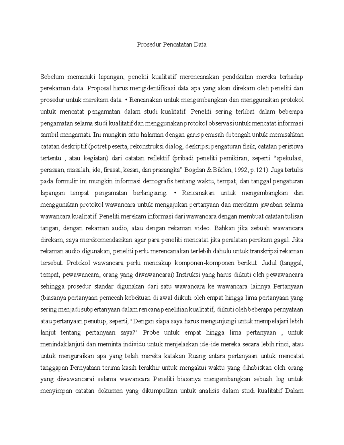 Data Recording Procedures Prosedur Pencatatan Data Sebelum memasuki