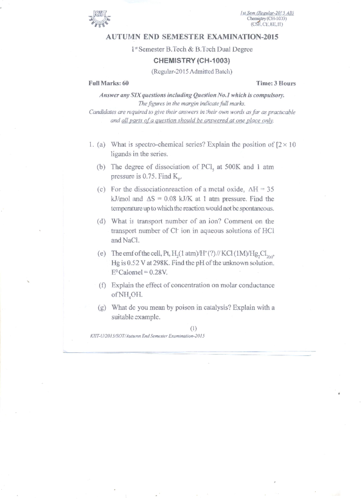 1st Sem Chemistry- (CH-1003)-2015 - Studocu
