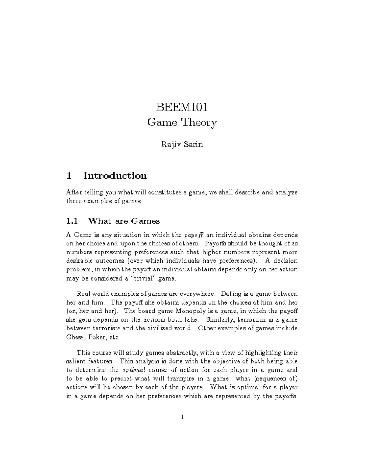 Game theory BEEM101 - Textbook - BEEM Game Theory Rajiv Sarin 1 ...