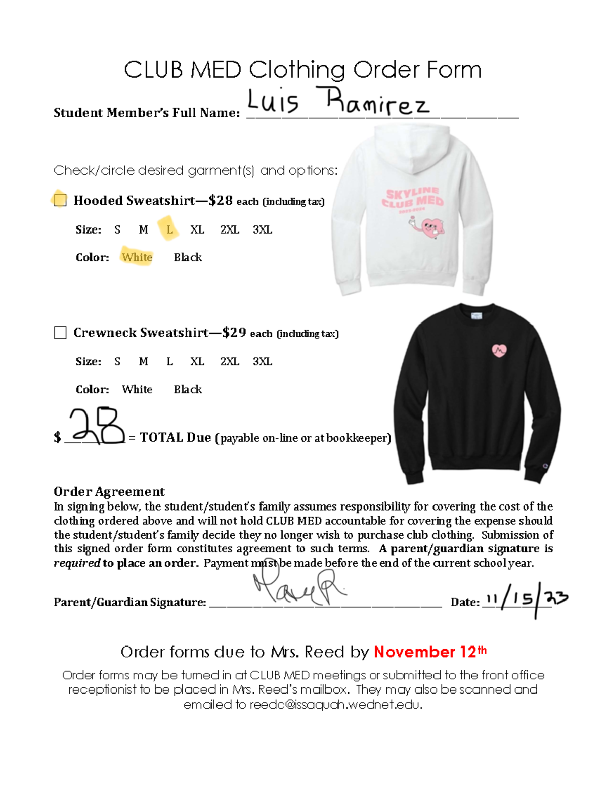 20232024 order form CLUB MED Clothing Order Form Student Member’s Full Name Studocu