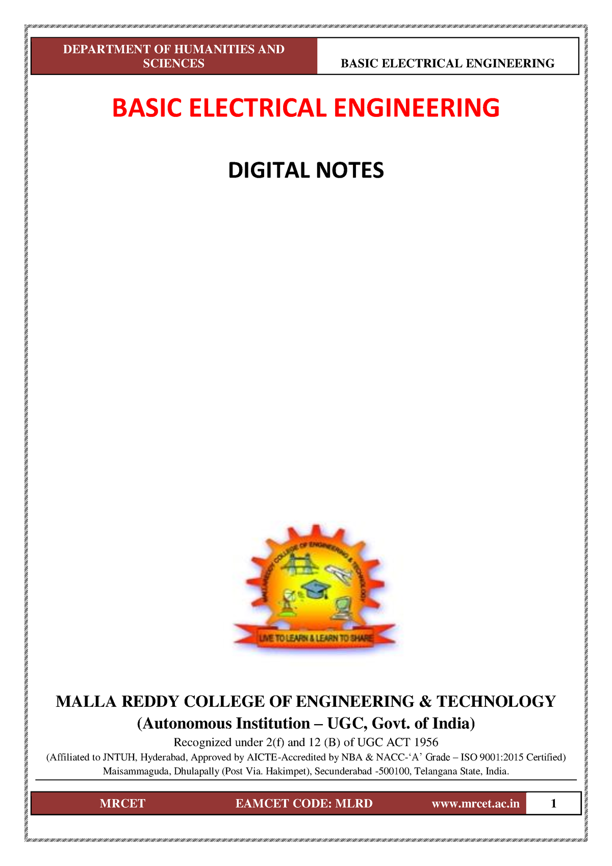 Basic Electrical Engineering R-20 - SCIENCES BASIC ELECTRICAL ...