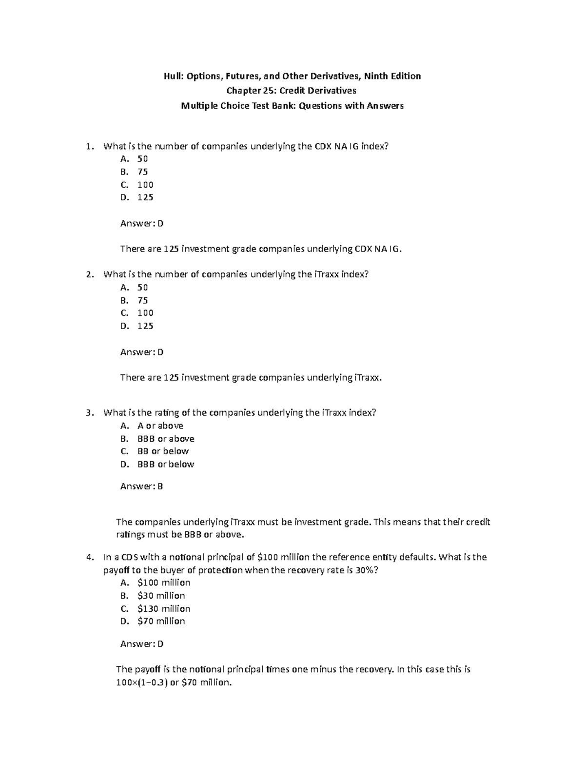 Options, Futures, and Other Derivatives Multiple Choice Questions and ...
