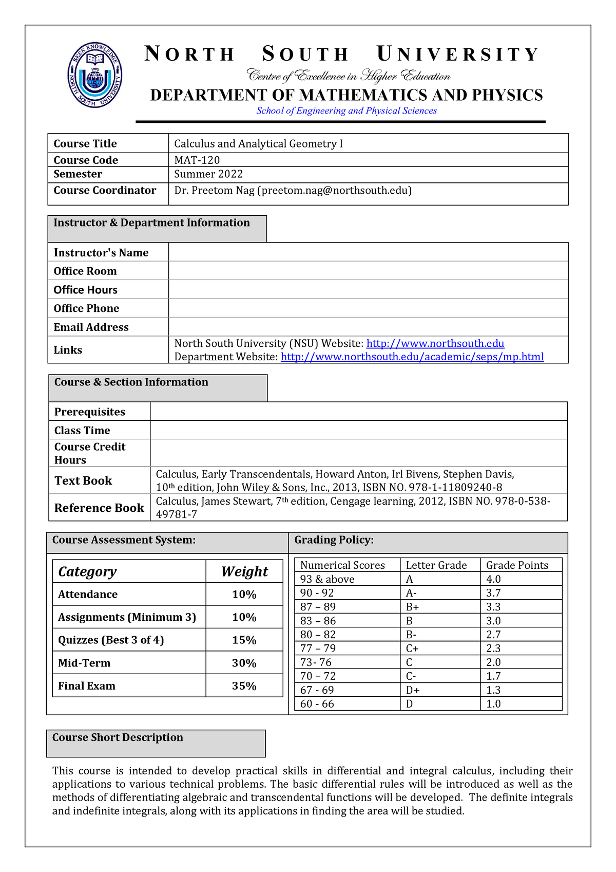 MAT120 Course Outline - Course Title Calculus And Analytical Geometry I ...