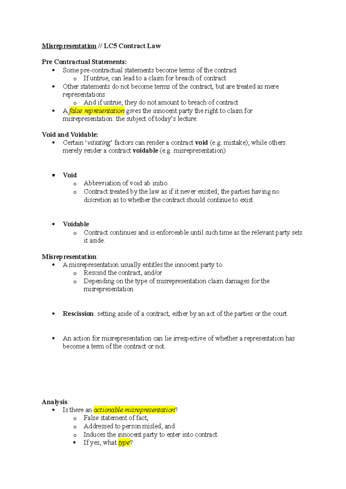 Misrepresentation I - Misrepresentation // LC5 Contract Law Pre ...