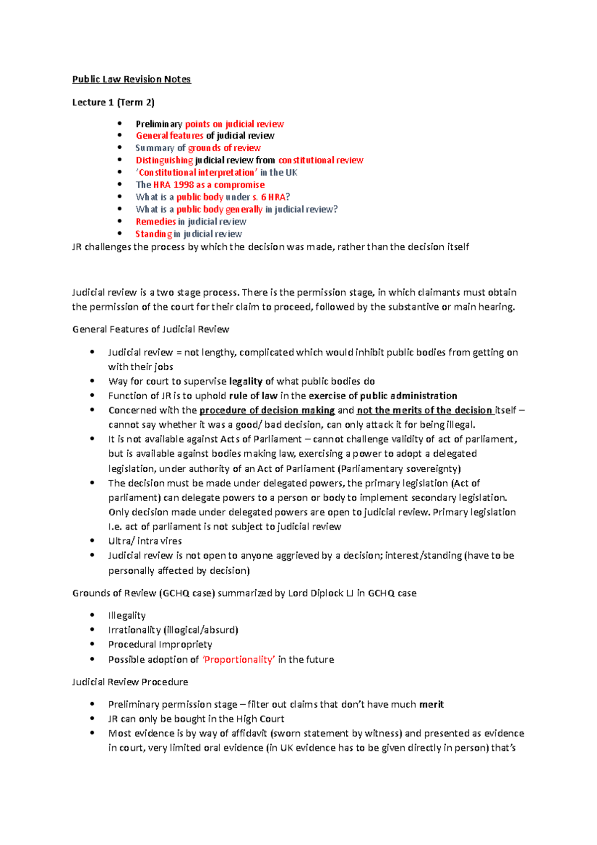 Public Law Revision Notes - Public Law Revision Notes Lecture 1 (Term 2 ...