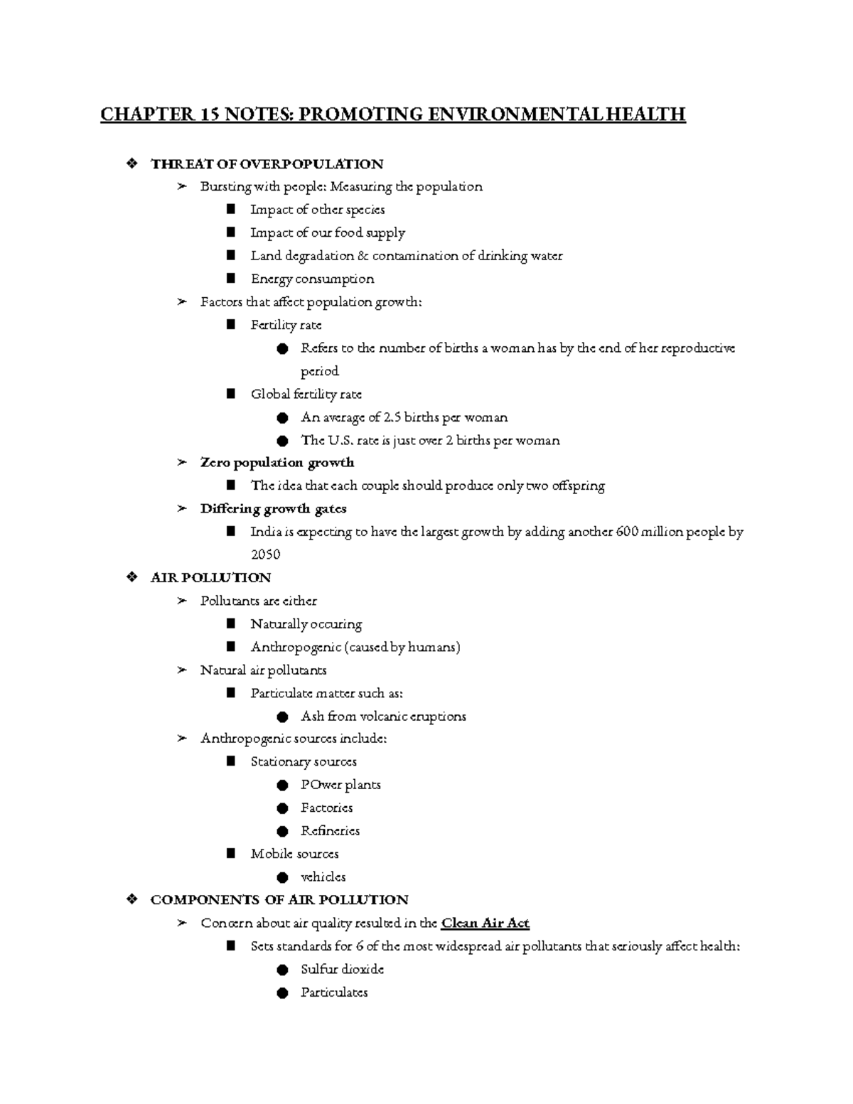 HSCI 131 Chapter 15 Notes - CHAPTER 15 NOTES: PROMOTING ENVIRONMENTAL ...