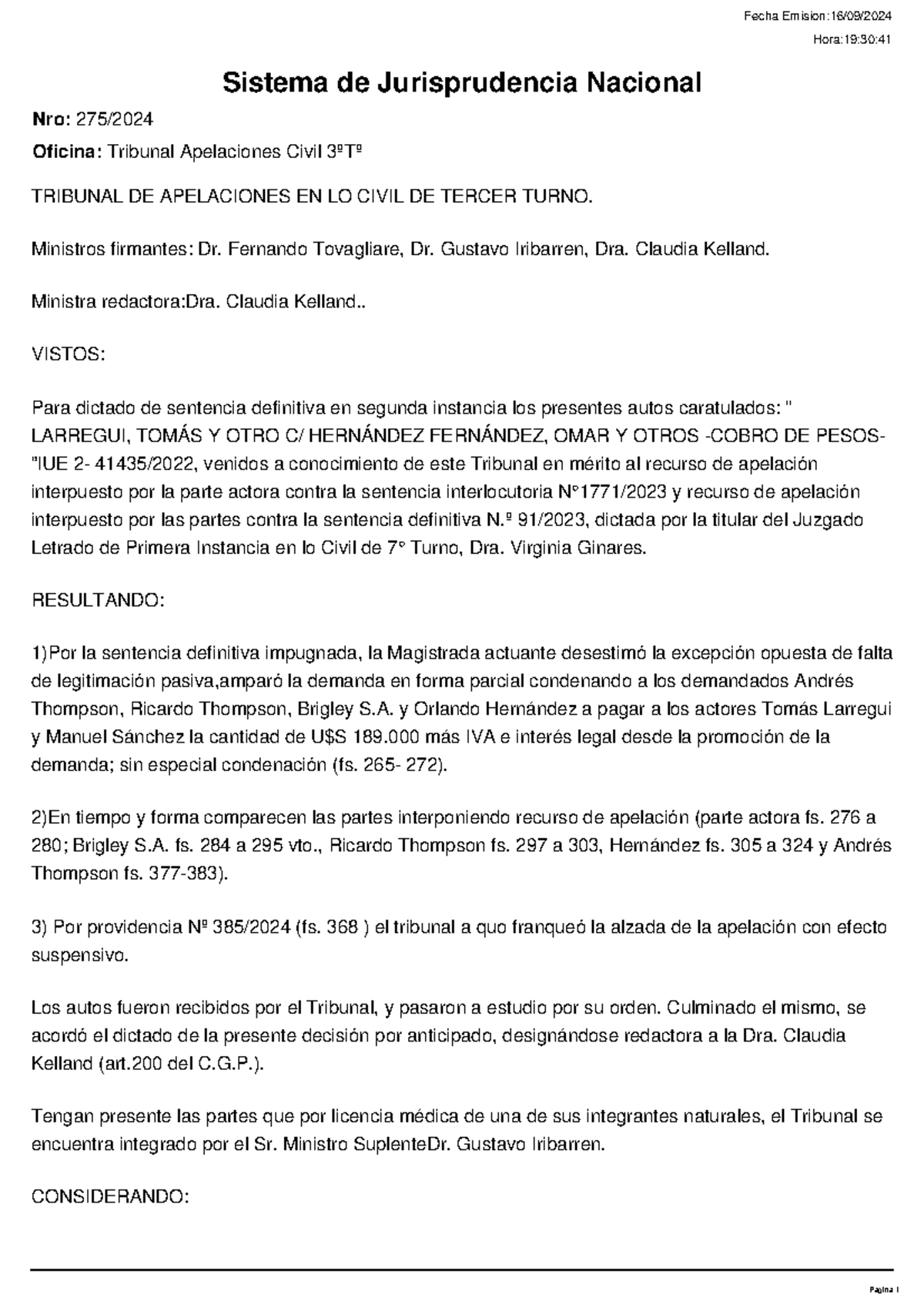 TAC275 2024 - Sentencia - TRIBUNAL DE APELACIONES EN LO CIVIL DE TERCER