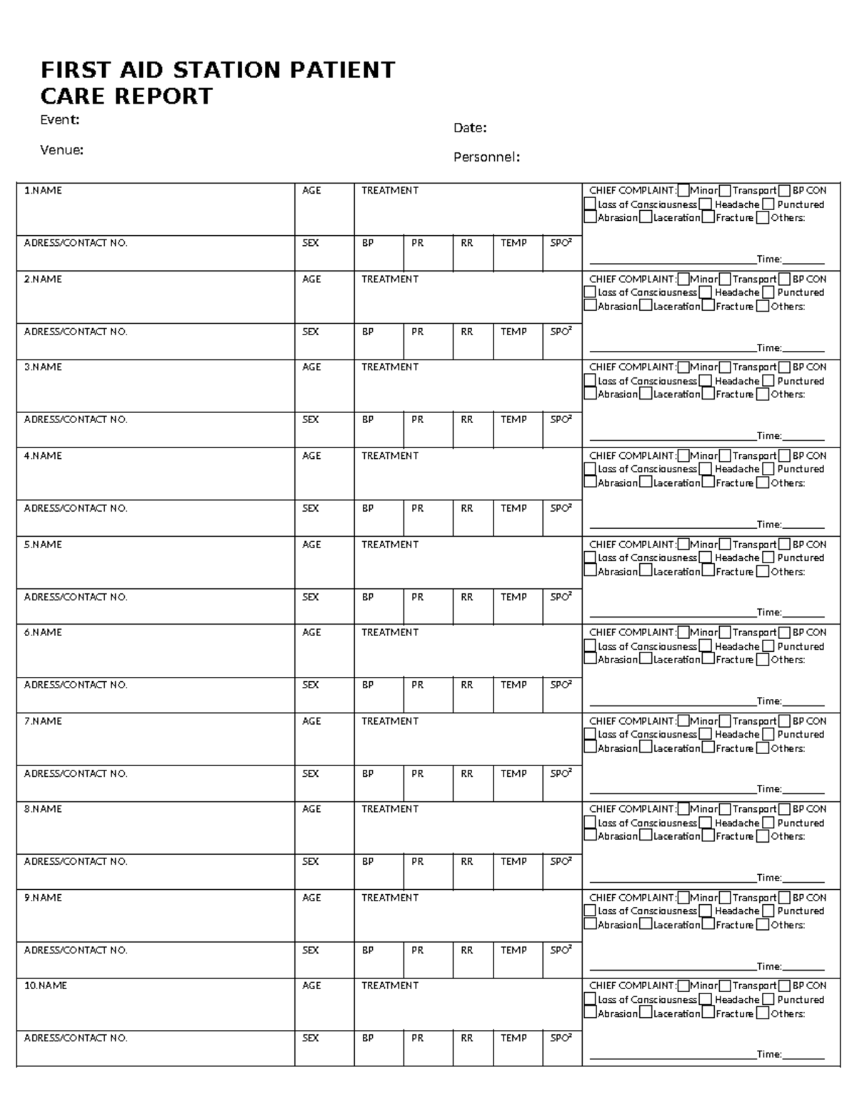 First AID Station Patient CARE Report - FIRST AID STATION PATIENT CARE ...