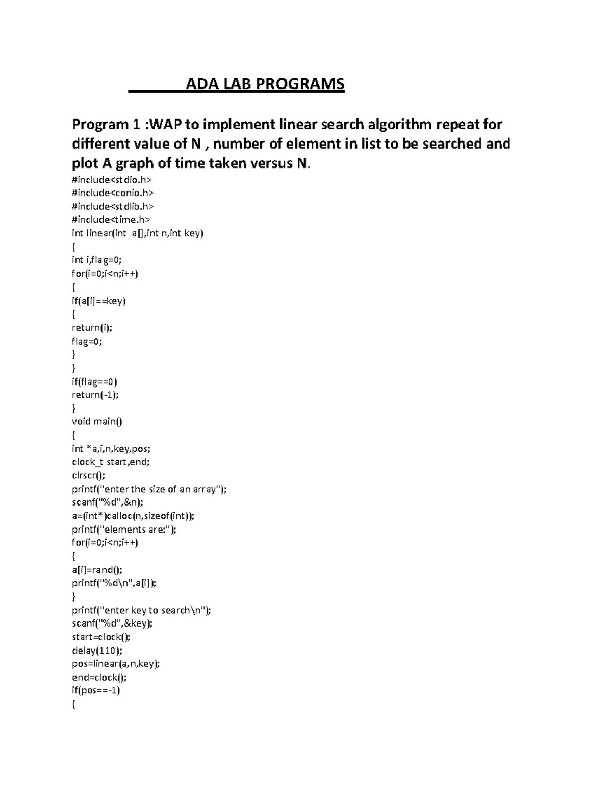 Ada programs - DAA lab manual - ADA LAB PROGRAMS Program 1 :WAP to ...