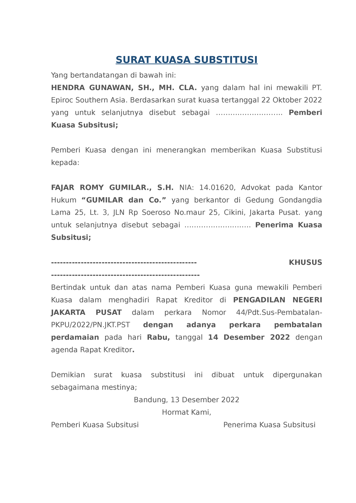 Contoh Kuasa Subsitusi Surat Kuasa Substitusi Yang Bertandatangan Di Bawah Ini Hendra Gunawan 