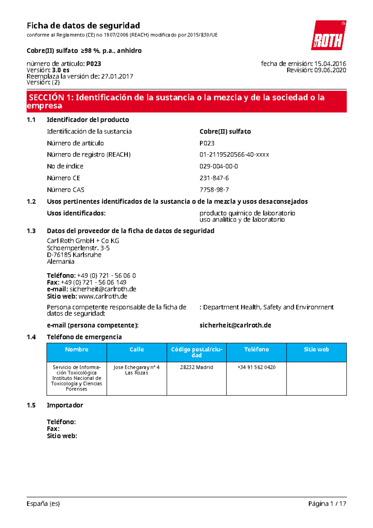 Cobre (II) Sulfato Hoja de seguridad SECCIÓN 1 Identificación de la sustancia o la mezcla y Cobre (II) Sulfato Hoja de seguridad SECCIÓN 1 Identificación de la sustancia o la mezcla y