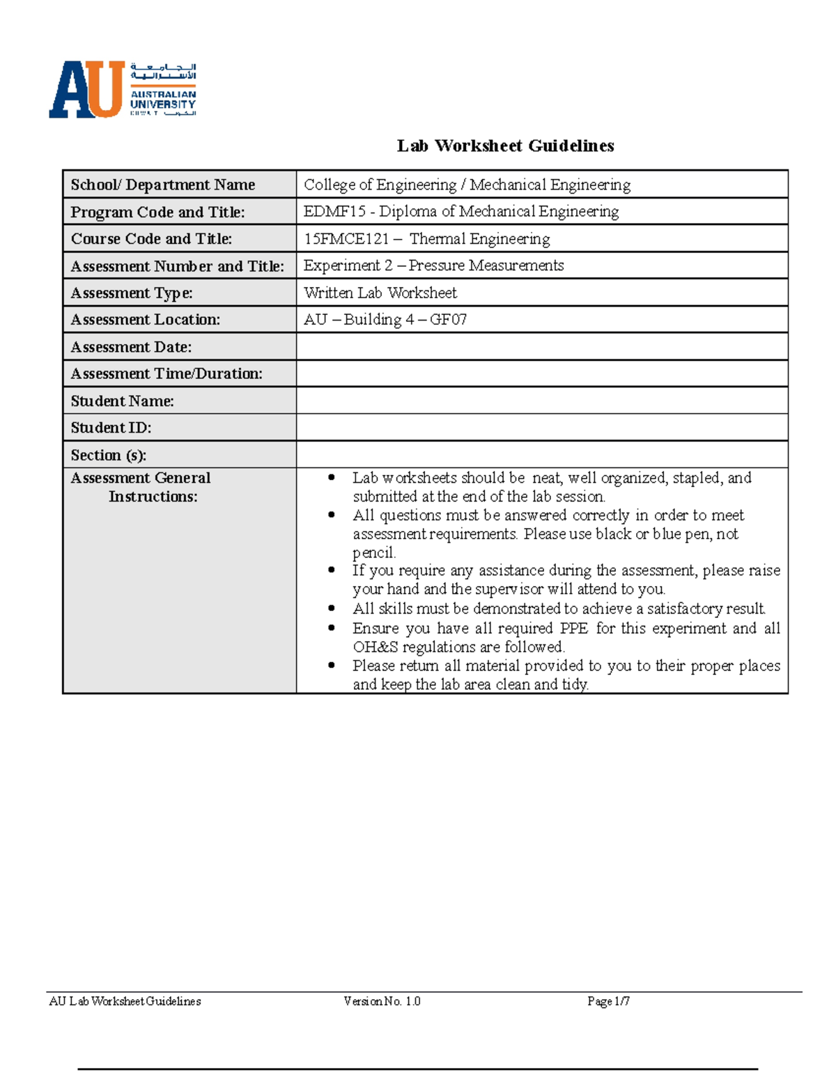 Exp.2 pressure measurement AU - Lab Worksheet Guidelines School ...
