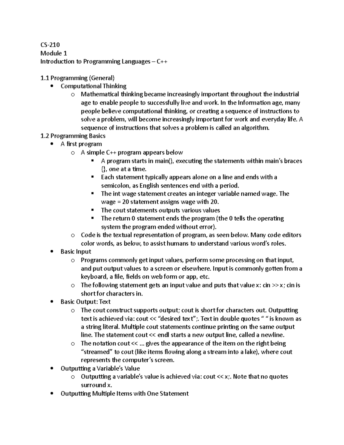 Chapter 1 Notes - ZyBooks - CS- Module 1 Introduction to Programming ...