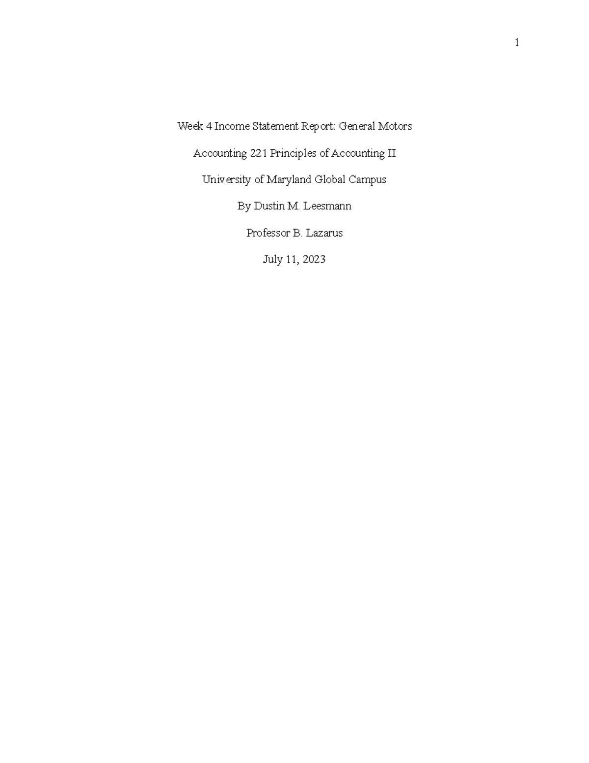 General Motors Week 4 Income Statement Report - Week 4 Income Statement ...