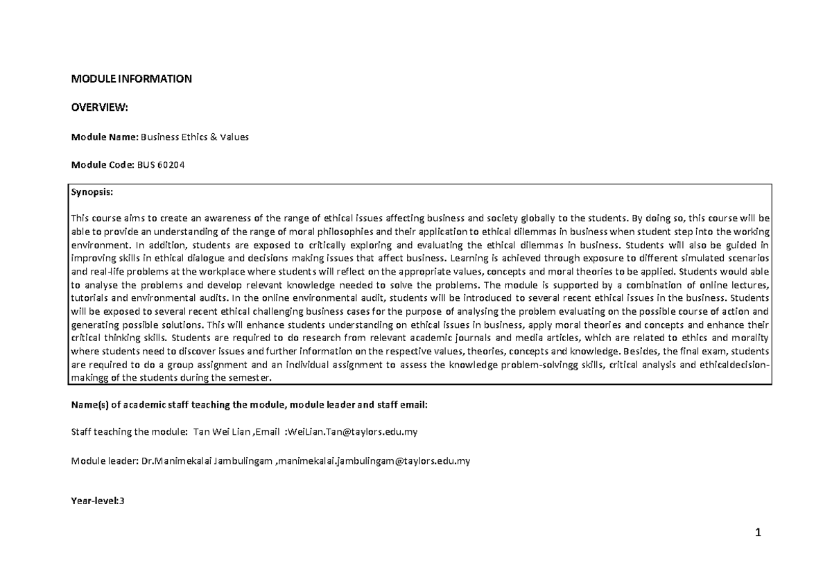 MIB Module Information Booklet MODULE INFORMATION OVERVIEW Module