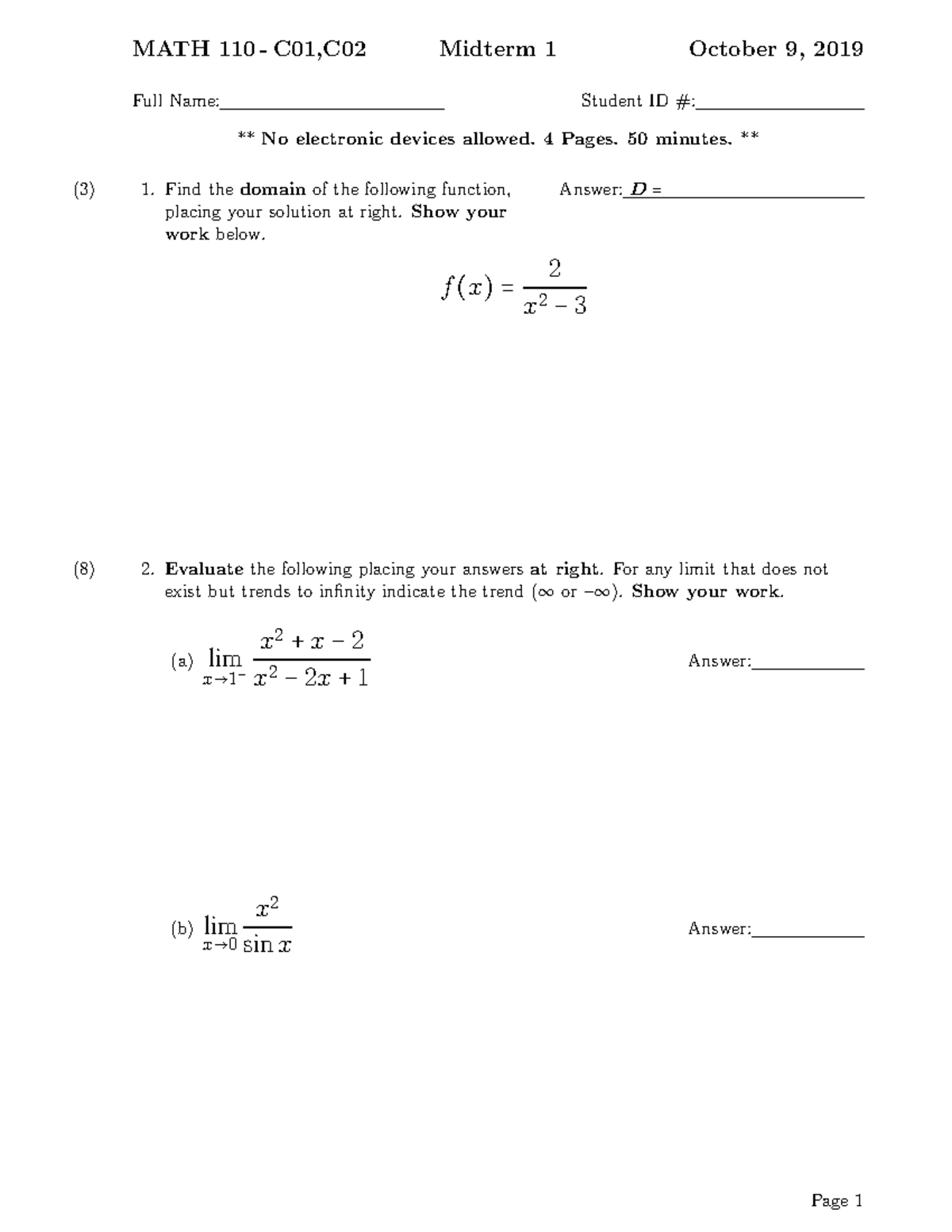 Midterm 13 November 2019, Questions - MATH 110 - C01,C02 Midterm 1 ...