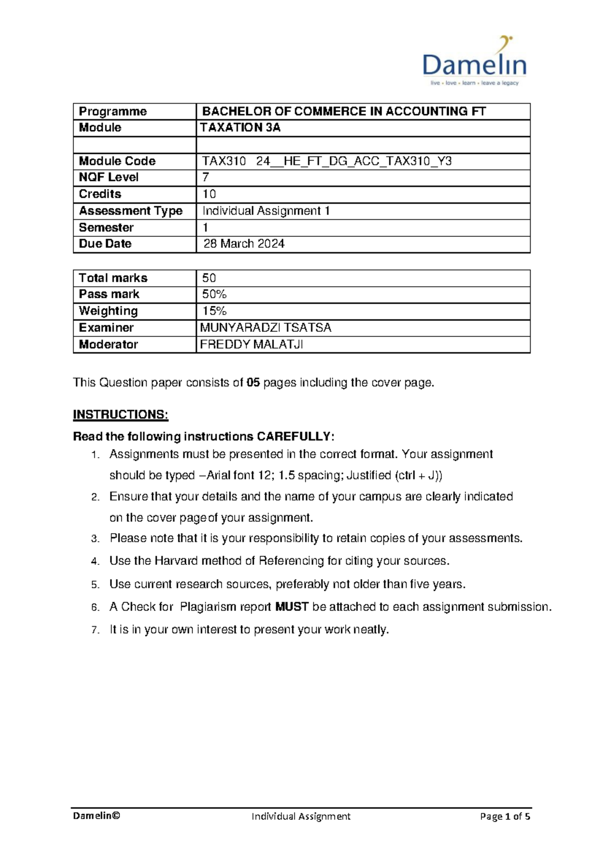 Assignment 1 Taxation 3A Question FULL TIME - Programme BACHELOR OF ...