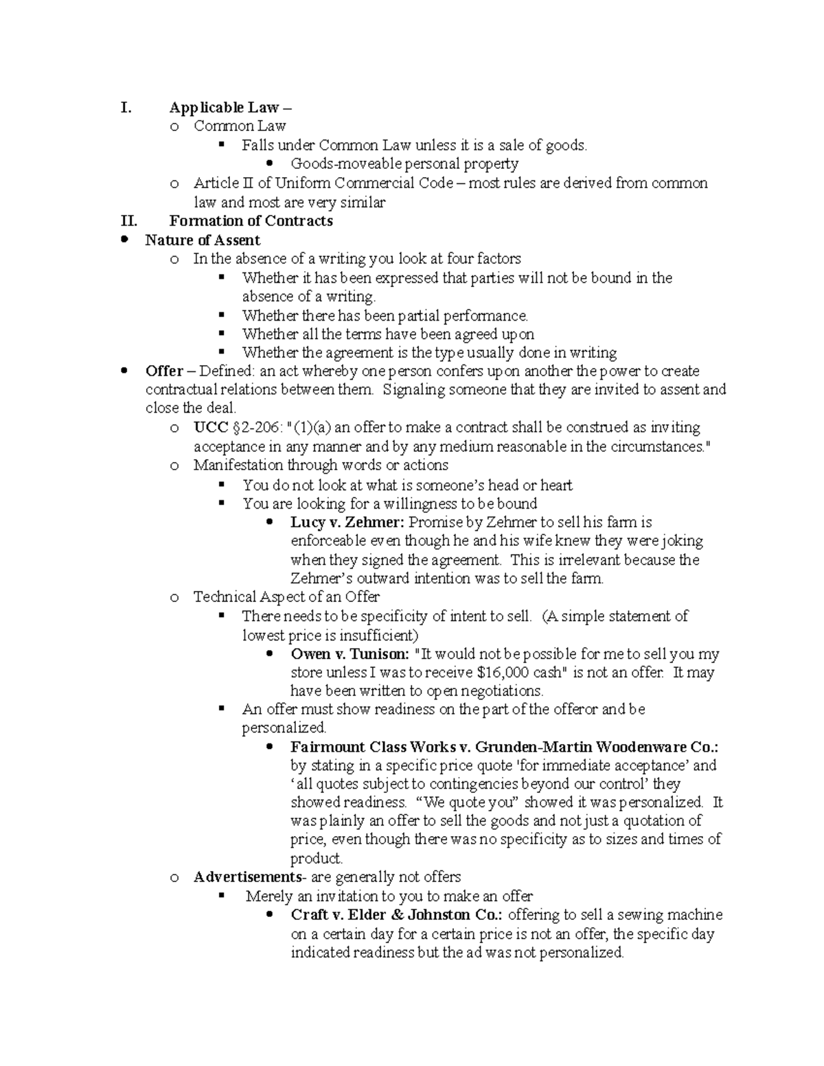 Contracts Law Outline - 2 - I. Applicable Law – o Common Law Falls ...