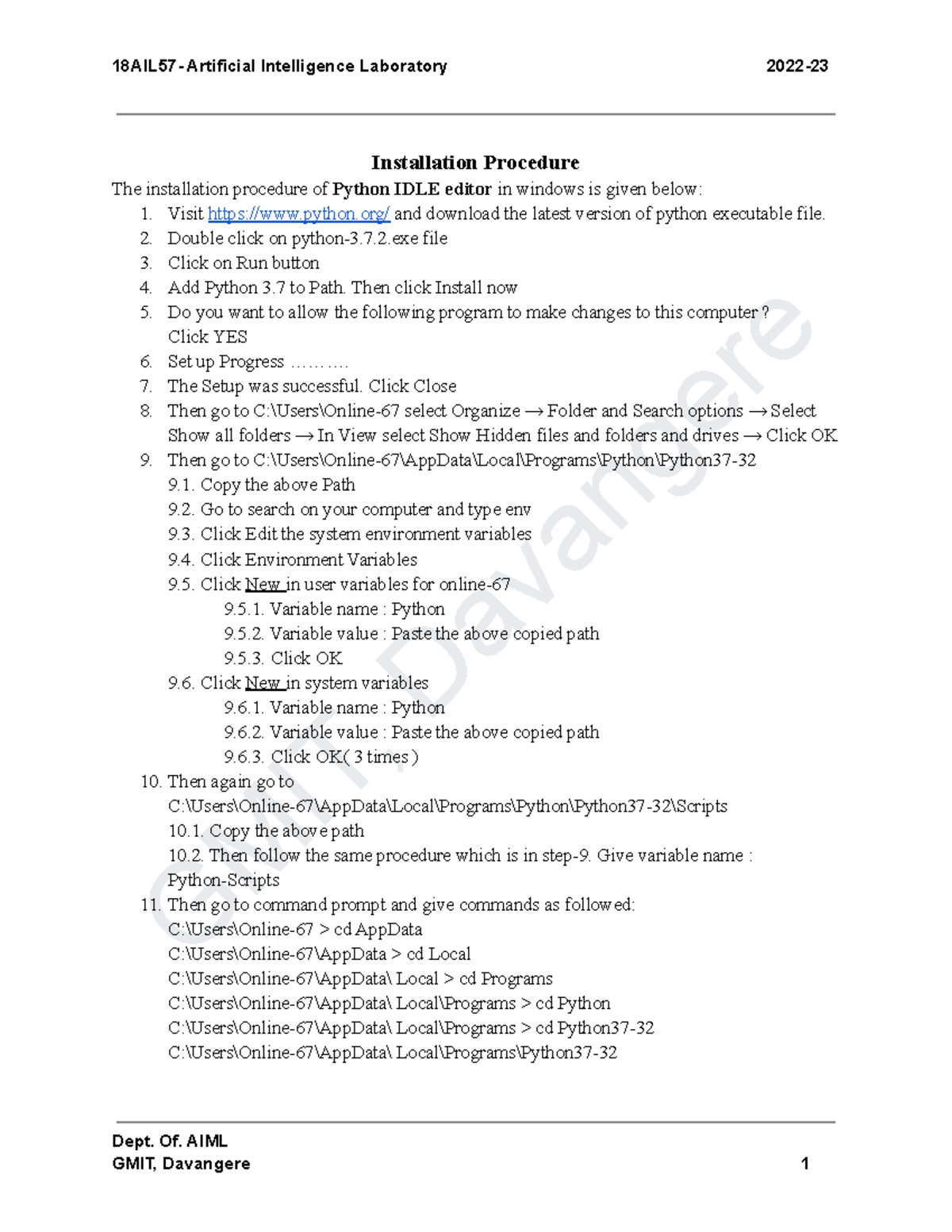 Final AI lab manual GMIT, Davangere Installation Procedure The