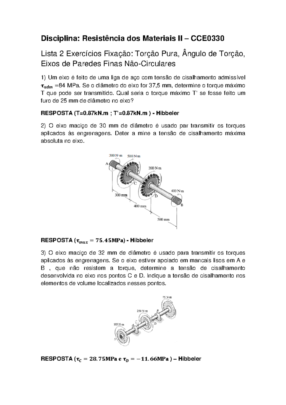 Lista Exercício 2 Torção Disciplina Resistência Dos Materiais Ii