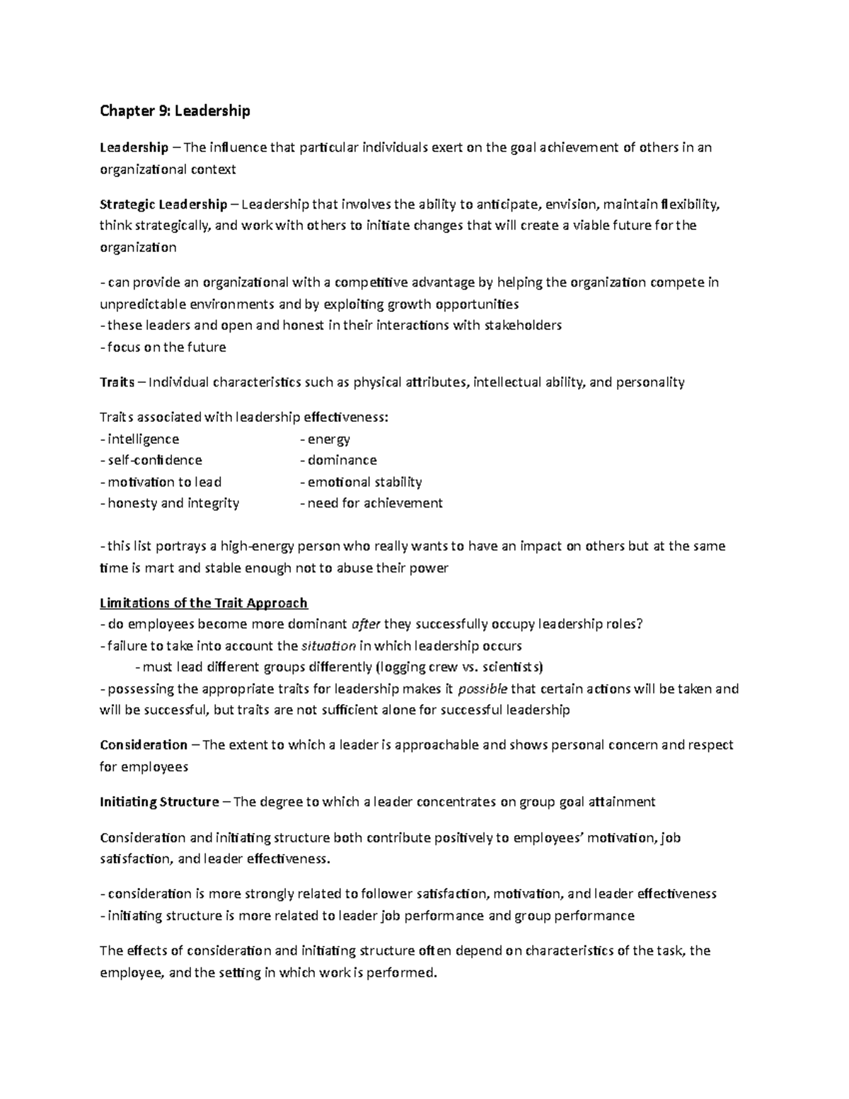 Chapter 9 Textbook - brienza - Chapter 9: Leadership Leadership – The ...