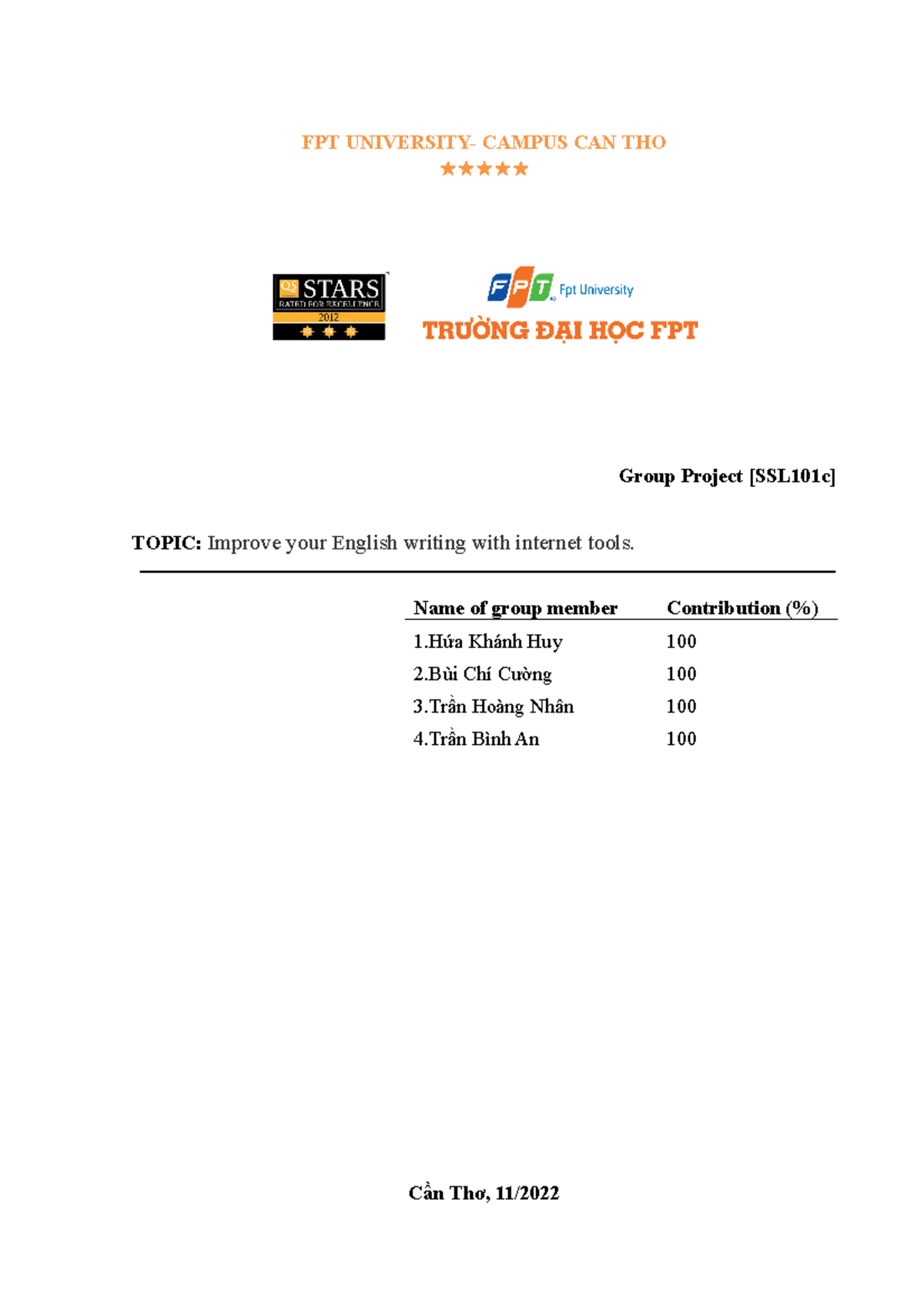 Proposal SSL101c - FPT UNIVERSITY- CAMPUS CAN THO Group Project ...